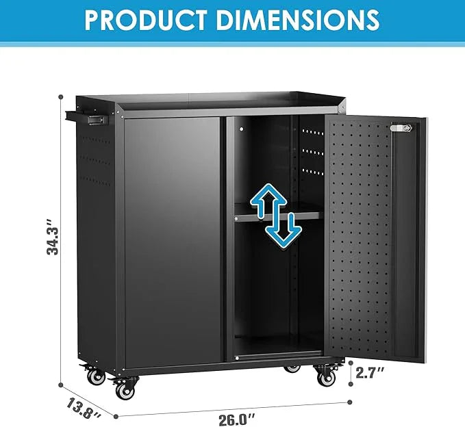 SUXXAN Metal Storage Cabinet with Wheels, Rolling Storage Cabinet with 2 Doors and Adjustable Shelves, Pegboard and 4 Hooks, Suitable for Garage, Home, Office, School, Black - NeatNest
