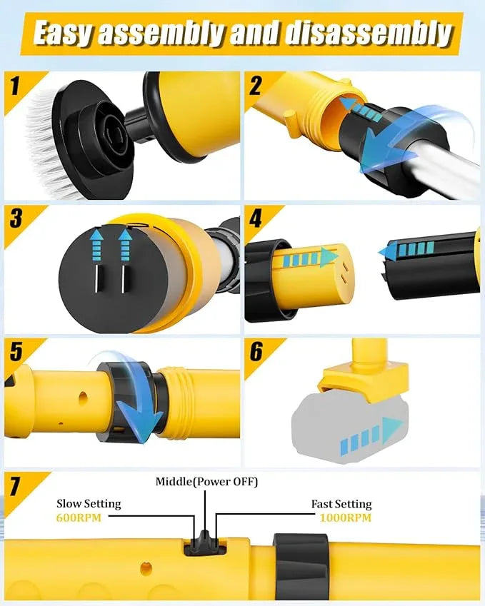 Electric Spin Scrubber Compatible for DeWalt 20V Battery(Battery NOT Included), 1000 RPM Battery Powered Scrubber with Adjustable Extension Arm & 8 Brushes & Hook Gloves for Tub/Tile/Floor - NeatNest