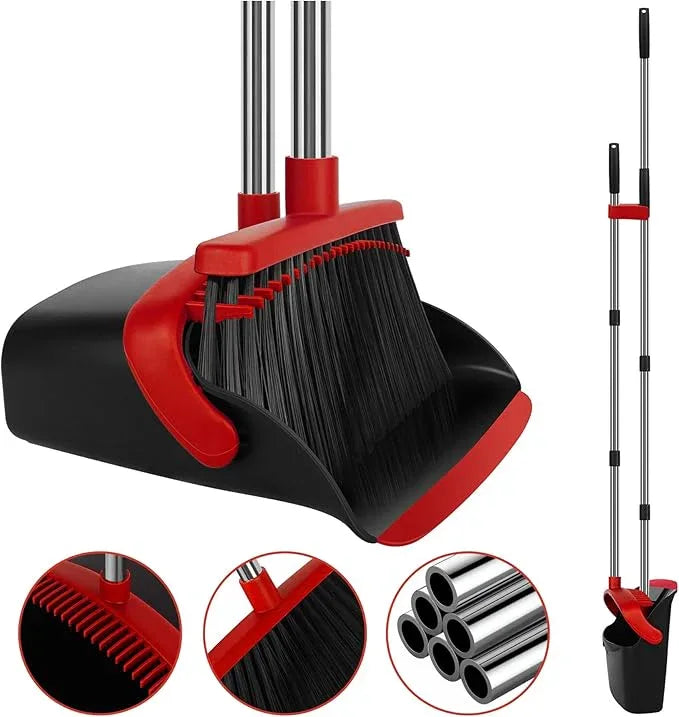 Broom and Dustpan Set, Large Household Broom with Dustpan Combo Set, 55 Inch Long Handle, Red Dust Pan Combo Set for Home - NeatNest