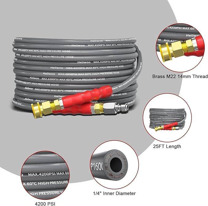Pressure Washer Hose 25FT, 4200PSI High Tensile Wire Braid Kink Resistant Power Washer Extension Hose, 1/4'' Flexible Replacement Hose with M22-14mm Brass Swivel Thread and 3/8 Quick Connect - NeatNest
