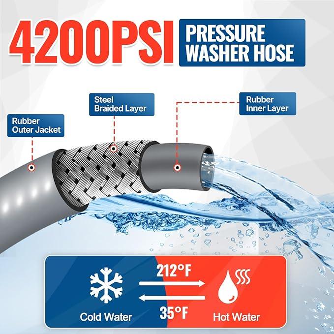 YAMATIC 3/8" Pressure Washer Hose 50FT with Swivel Quick Connect, 4200 PSI Non Marking Rubber Wear Resistant Steel Braided Industry Grade for Hot/Cold Water Gas Power Washer - NeatNest