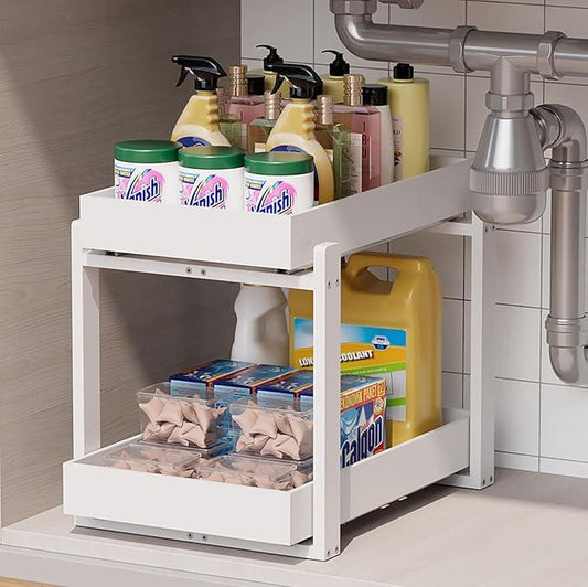 Bamboo Wood Under Sink Organizer 1 Pack, Pull Out Cabinet Organizer 2 Tier Under Sink Organizers and Storage with Sliding Drawer Sturdy Easy Assembly for Kitchen Bathroom Undersink (White, 1 Pack) - NeatNest