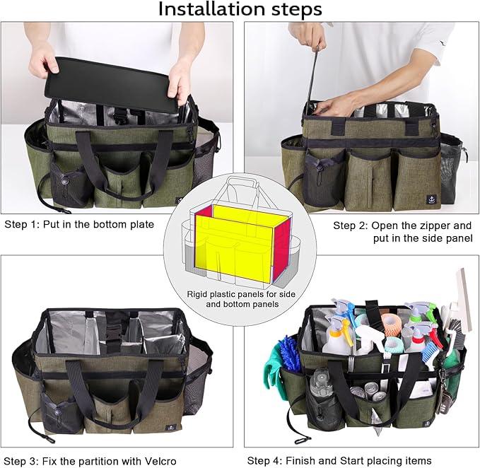 Large Cleaning Caddy Bag Built-in Sturdy Support Board, Cleaning Organizer with Detachable Divider, Cleaning Supply Tote with Adjustable Shoulder Strap&Waist Belt for Cleaners & Housekeeper - NeatNest