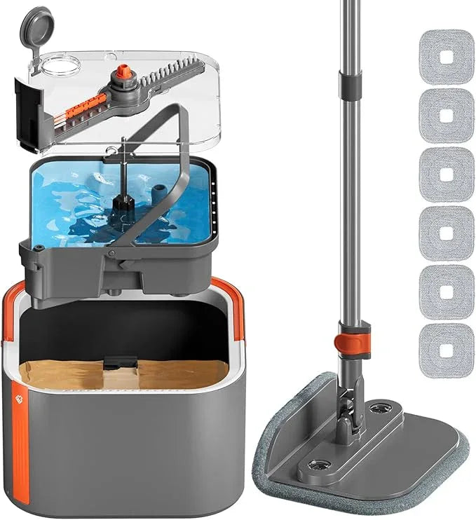 Upgraded Self-Standing Spin Mop and Bucket System, Detachable Inner Mop Bucket Separates Dirty Water & 90° Foldable Head, Triple-Scrub System, 0.9Gal Dual Drainage, for Hardwood Floors (Gray 6 Pads) - NeatNest