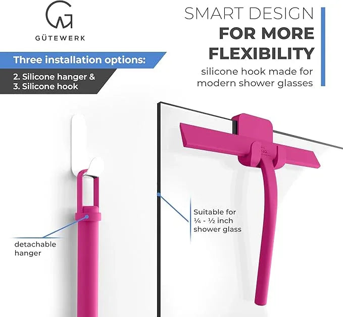 GÜTEWERK Shower Squeegee for Glass Doors, Silicone Window Squeegee, Bathroom and Glass Cleaning - Pink - 11 Inch - NeatNest