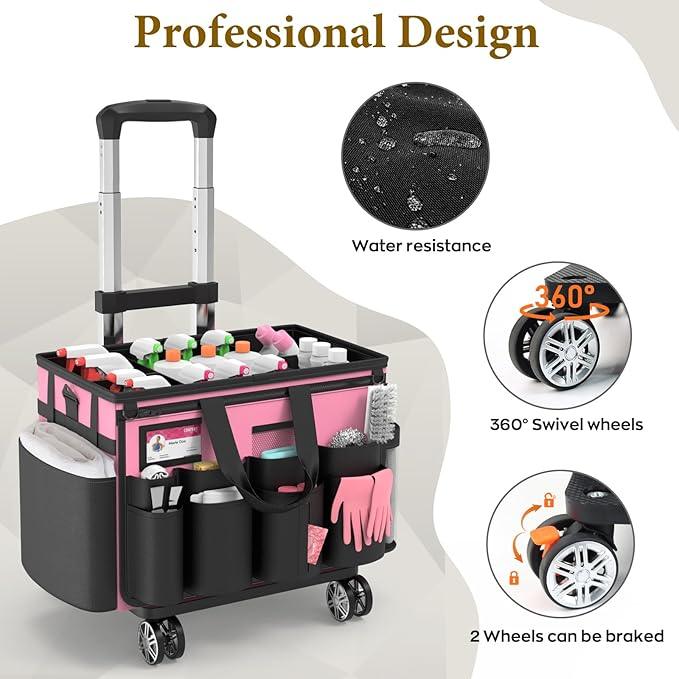 Cleaning Caddy with Wheels - Rolling Cleaning Caddy Bag with Detachable Trolley, Cleaning Caddy for Cleaning Supplies, Cleaning Bag for Housekeeping, Pink - NeatNest