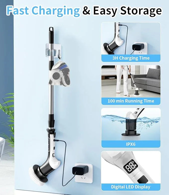 Electric Spin Scrubber with 3 Speed, Adjustable Extension Handle, 8 Brush Heads,Cordless Power Cleaning Brush for Bathroom, Tile, Kitchen-Black - NeatNest