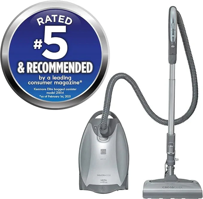 Kenmore Elite 21814 Pet Friendly CrossOver Lightweight Bagged HEPA Canister Vacuum with Pet PowerMate, Extended Telescoping Wand, Retractable Cord, 2 Floor Nozzles, and 4 Cleaning Tools-Silver/Gray - NeatNest