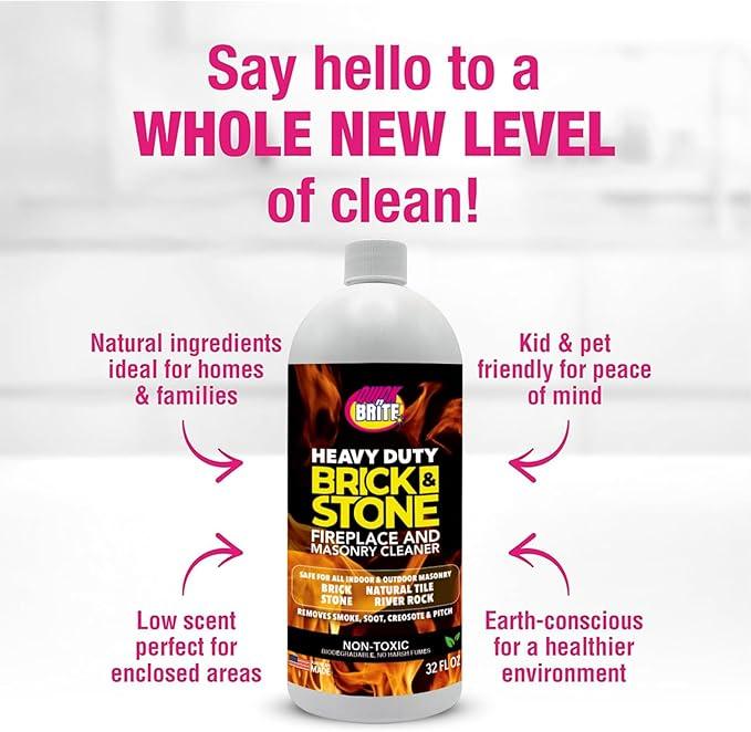 Quick'n Brite Fireplace Brick and Stone Cleaner 32oz with Scrub Brush - Natural Stone, Tile, and Marble Cleaner - Indoor Fireplace and Wood Stove Cleaning Kit - Pellet Stove Creosote Remover - NeatNest