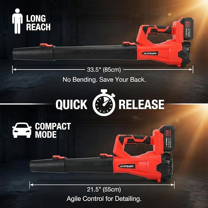 21V Cordless Leaf Blower - 3500W 350m/s, Stepless Variable Speed, Extended Nozzle, Rechargeable with Safety Gear (Red:2*Battery + Charger) - NeatNest