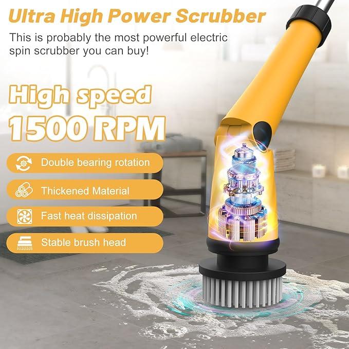 Qimedo 1500 RPM Electric Spin Scrubber with Two Batteries Q2 Pro, Cordless Battery Powered Shower Scrubber,Electric Tile Floor Scrubber with Display for Grout/Tile/Tub (Effortless Handle/8 Brushes) - NeatNest
