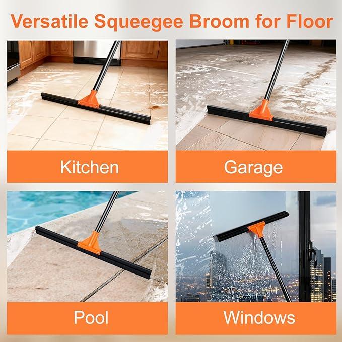 Heavy Duty Floor Squeegee with Long Handle, 18" Rubber Wiper Broom for Concrete Tile Cleaning Commercial Scrubber Mop for Garage Deck Bathroom Kitchen Pool Glass - NeatNest
