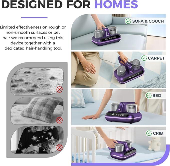Mattress Vacuum Cleaner - 5-in-1 Cordless Bed Vacuum Cleaner, Powered by UV-C Light & Ultrasonic Technology, 16Kpa Strong Suction,Low Noise,Suitable for Dust, Pet Hair, Etc - Purple - NeatNest