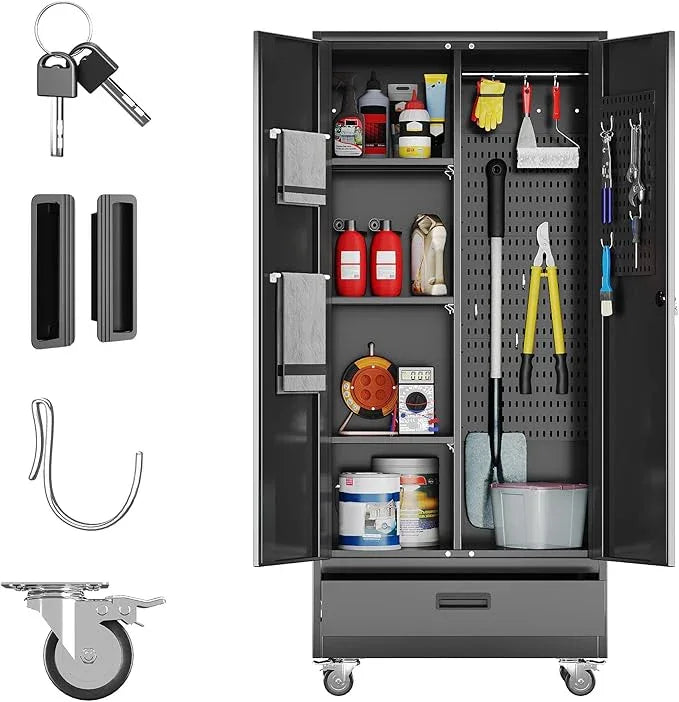 SUXXAN Broom Closet with Wheels 71"x 31.5"x15.75", Metal Cleaning Cabinets with Drawer Hooks and Hanging Rods, Lockable Cabinet with Pegboard, Adjustable Shelf,for Garage, Laundry Room - NeatNest