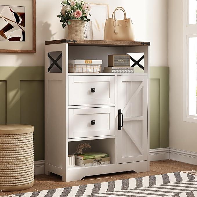 Fameill White Farmhouse Storage Cabinet with 2 Drawers & Shelves,Freestanding Kitchen Cabinet with Doors,Floor Storage Organization for Living Room,Bathroom,Laundry - NeatNest