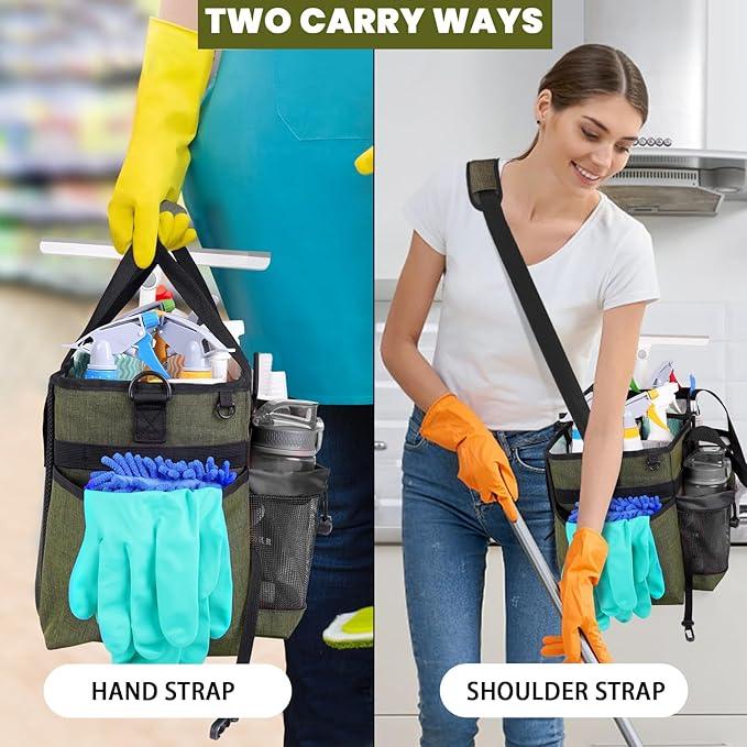 Large Cleaning Caddy Bag Built-in Sturdy Support Board, Cleaning Organizer with Detachable Divider, Cleaning Supply Tote with Adjustable Shoulder Strap&Waist Belt for Cleaners & Housekeeper - NeatNest