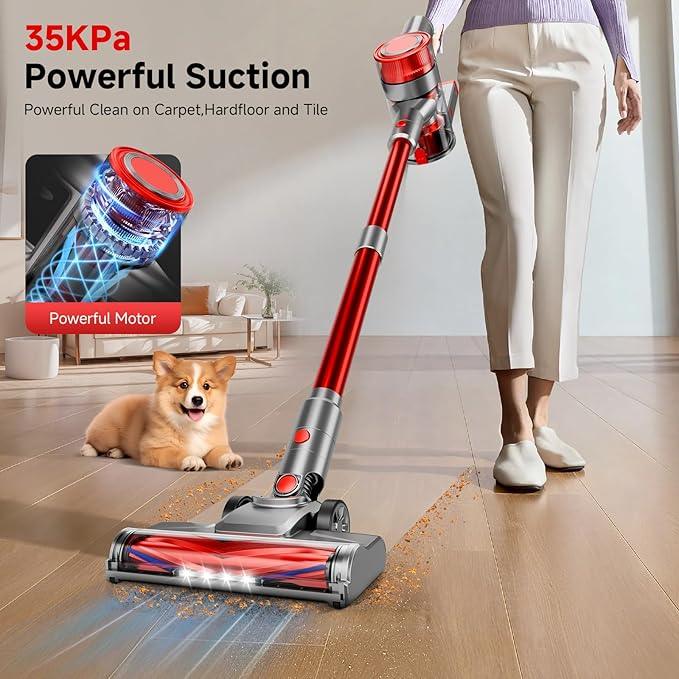 Cordless Vacuum Cleaner, 35Kpa Vacuum Cleaner for Home, 45Mins Stick Vacuum with LED Display, Anti-Tangle & Wall Mount Charging, 6 in 1 Lightweight Vacuum for Hard Floors, Carpet, Pet Hair (red) - NeatNest