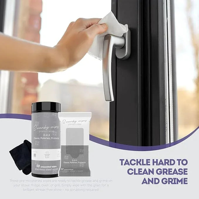 Swanky Stainless Steel Cleaner Wipes Bundle - Grime & Grease Remover Kitchen Cleaning Supplies - Clean & Shine for Stove, Refrigerator, Sink, Oven & Appliances - Soft Wipes (30 Ct) & Canister (50 Ct) - NeatNest
