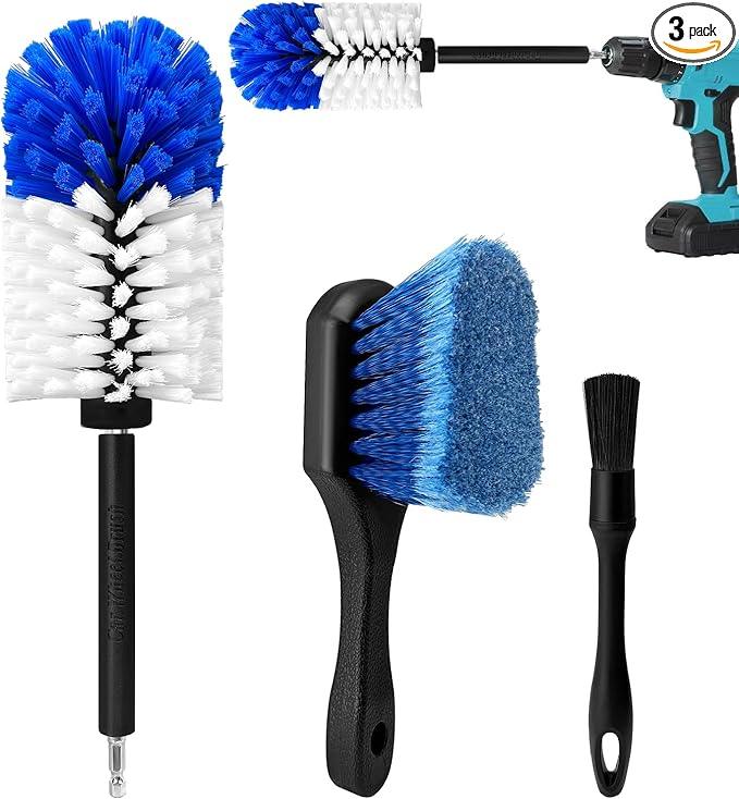 Wheel Brush Kit,Soft Drill Wheel Cleaner Brush, No Scratches Highly Dense Car Cleaning Brush Set for Wheels, Tire, Rims, Engines, Exhaust(Blue + White 3 Pk) - NeatNest