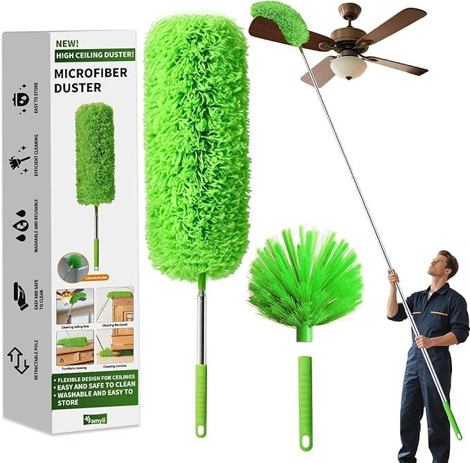 Cobweb Duster with Extension Pole, Washable Cleaning Duster Set with 2 Duster Heads, Corner Brush, 15-110-Inch Telescoping Pole for high Ceiling Fans, Long Duster for high Ceilings，Spider Web Brush - NeatNest