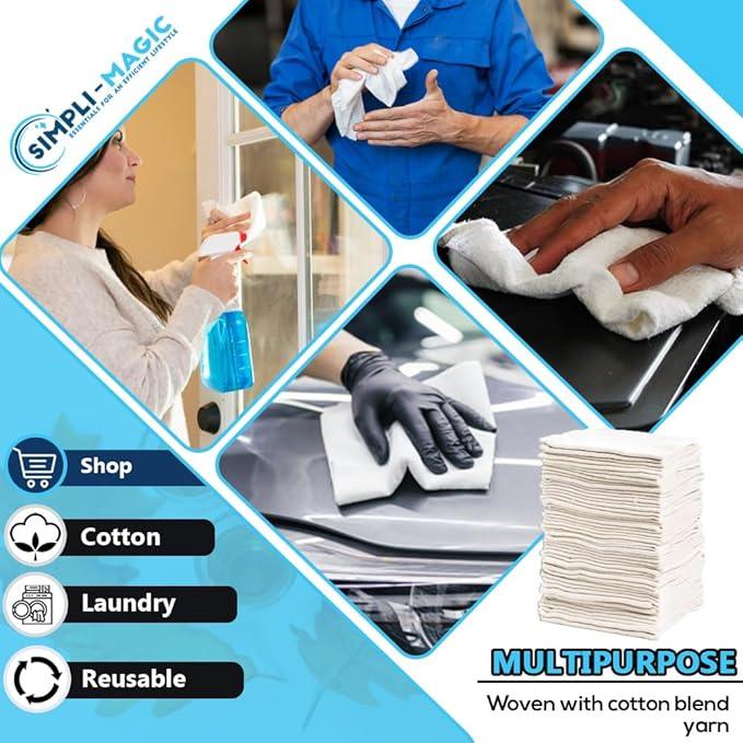 SIMPLI-MAGIC Cotton Shop Towels 14"x12" (145 Pack) – Reusable Cleaning Shop Rags for Automobiles, Industries, Garage and Homes (White) - NeatNest