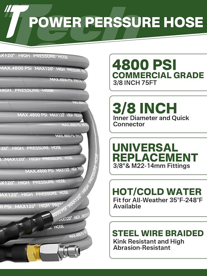 3/8" 4800PSI Pressure Washer Hose 75FT with Swivel Quick Connect for Cold/Hot Water Max 248°F, Kink Resistant Steel Wire Braided, Wear Resistant Power Washer Hose with M22 14mm Adapter - NeatNest