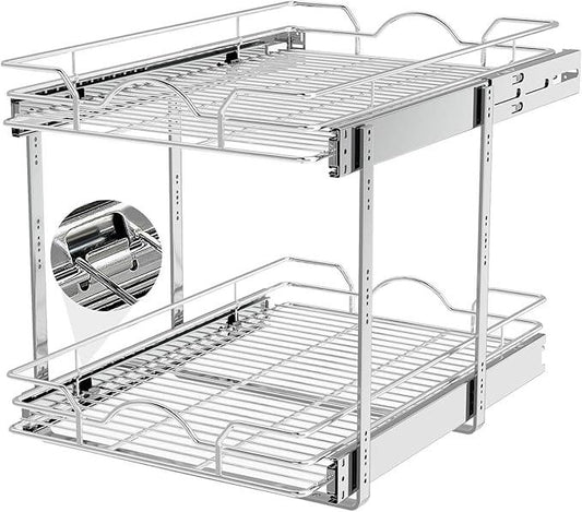 OCG 2 Tier Pull Out Cabinet Organizer (14" W x 21" D), Pull Out Drawers for Kitchen Cabinets, Pull Out Shelves for Base Cabinet Organization in Kitchen Bathroom Pantry, Chrome Finish - NeatNest
