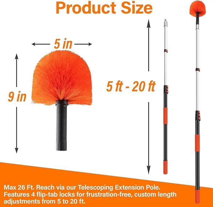 26FT Cobweb Duster with Extension Pole - High Reach Duster for High Ceilings & Outdoor Use - Telescoping Pole 5-20 Ft, Soft Bristles Cobweb Cleaner - 3/4" Acme Universal Thread - NeatNest