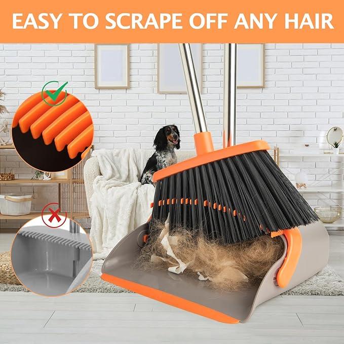2-Pack Broom and Dustpan Set with Long Handle, Heavy Dust Broom and Dustpan Combo for Home，Kitchen, Office, Pet Hair(Gray Orange) - NeatNest