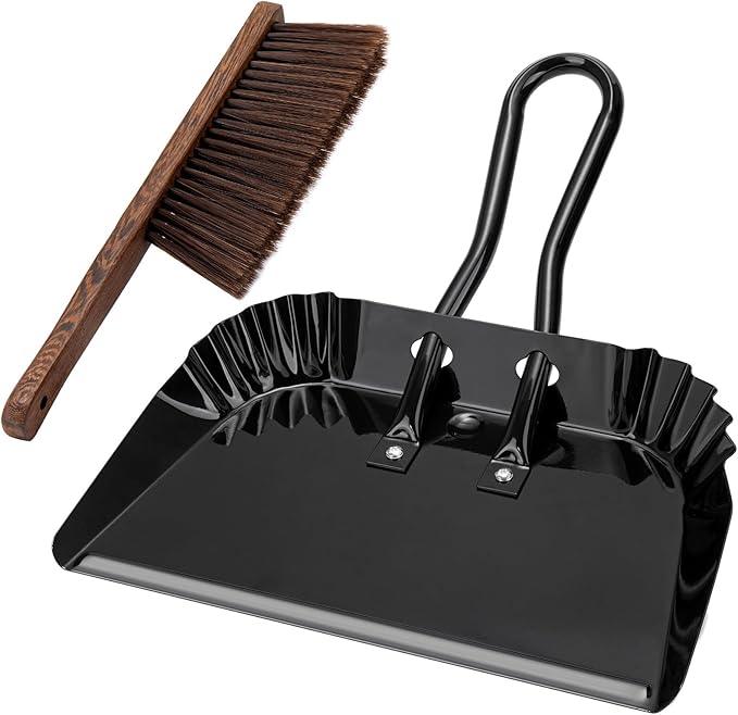 17In Extra Large Dust pan and Brush Set,Commercial Heavy-Duty Dust Pans and Wood Broom,Clip on Dust Pan Metal Edge Flat Against Floor for Patio/Pet/Car/Outdoor-Rubber Coated Easy to Grasp Handle - NeatNest
