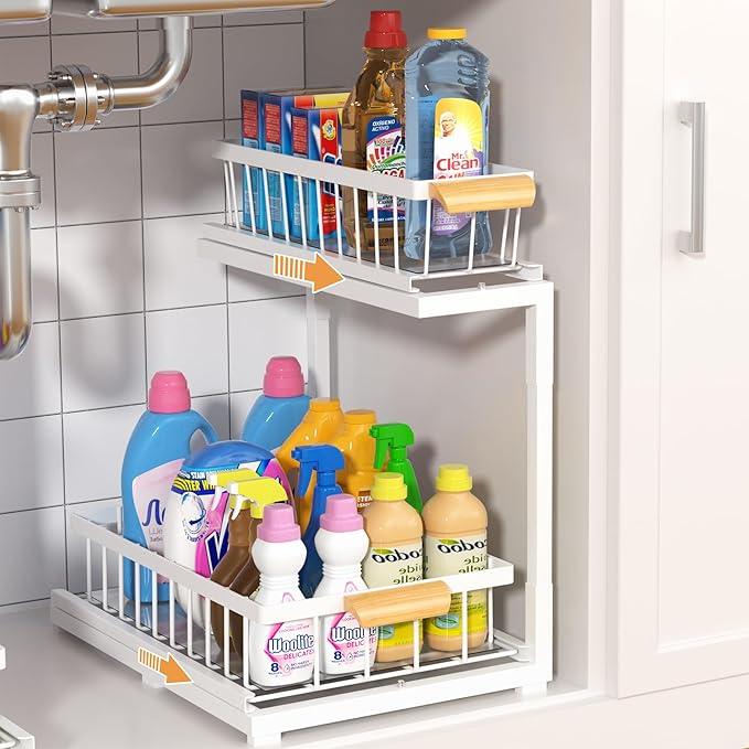 Under Sink Organizer, Pull Out Cabinet Organizer 2 Tier Slide Out Sink Shelf Cabinet Storage Shelves,Kitchen & Bathroom Organizers,Metal (White, 1 Pack-14.6 * 10.6 * 16.5in) - NeatNest