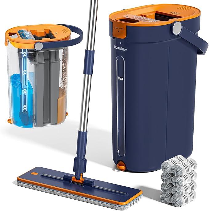 Mop and Bucket Set with Wringer, 3-Tank Flat Mop and Bucket System, Wall Mop Cleaner with Long Handle, Hands Free Mops for Floor Cleaning with 8 Microfiber Pads - NeatNest