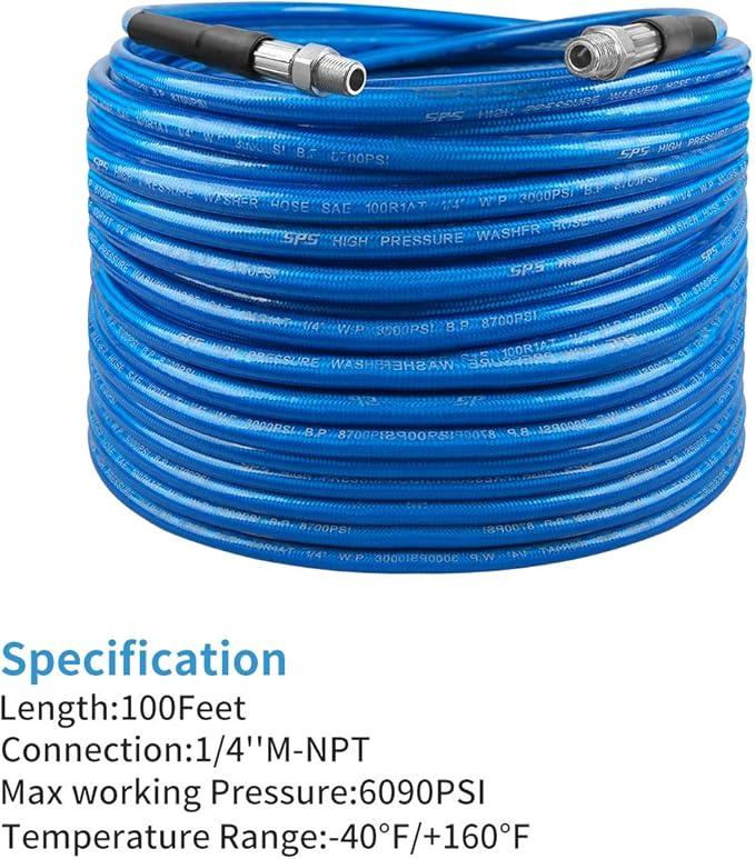 Pressure Washer Sewer Jetter Kit, 100 FT Drain Cleaning Hose, Rotating and Button Nose Sewer Jetting Nozzle,Orifice 4.0, 4.5, 1/4 Inch NPT, 6090 PSI - NeatNest