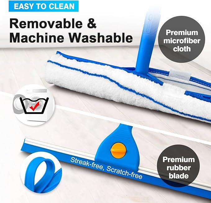 Squeegee for Window Cleaning, 14" Extra-Large Squeegee & Microfiber Scrubber Combi with 60" Stainless Steel Pole, Window Cleaning Kit for Shower Glass Mirror Door Car-2 Pads - NeatNest