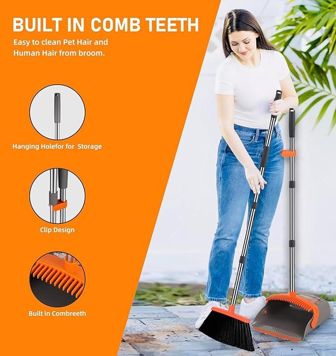 2-Pack is More economical，Upgraded Upright Broom and Dustpan Combo with 52" Long Handle, Dustpan Teeth with self-Cleaning Function, Indoor and Outdoor Sweeping, Perfect for Home Office. - NeatNest