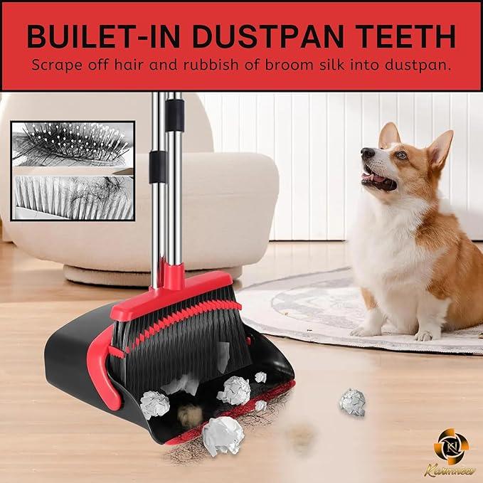 Standing Broom and Dustpan Set, Built-in Scraper Teeth, No-Slip Grip, Dust Collection Tray for Home, Office, Lobby, and Outdoor, Adjustable Handle from 38.18" to 52" (Black and Red) - NeatNest
