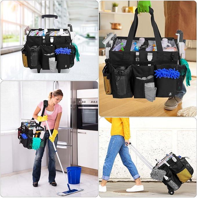 Extra Large Rolling Cleaning Caddy Bag with Detachable, Foldable Trolley Portable Cleaning Cart for Housekeeping Cleaning Caddy with Adjustable Shoulder Strap and Multiple Storage Pockets - NeatNest