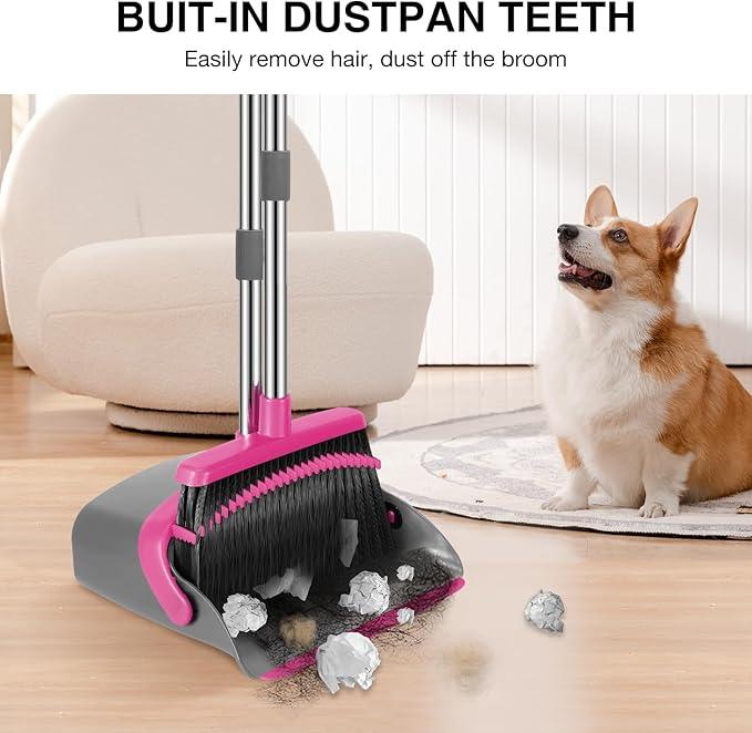 NACENA Broom and Dustpan Set, 52-in Long Adjustable Handle Broom Dustpan Combo with Dustpan Teeth to Automatically Clean Hair Suitable for Home Kitchen Office Hall Floor (Grey&Rose), 4 Pack - NeatNest