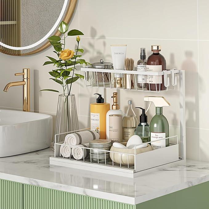 REALINN Under Sink Organizer, Height Adjustable Pull Out Cabinet Organizer, 2 Tier Under Sink Organizers and Storage for Kitchen Bathroom Laundry, White, 2 Pack - NeatNest