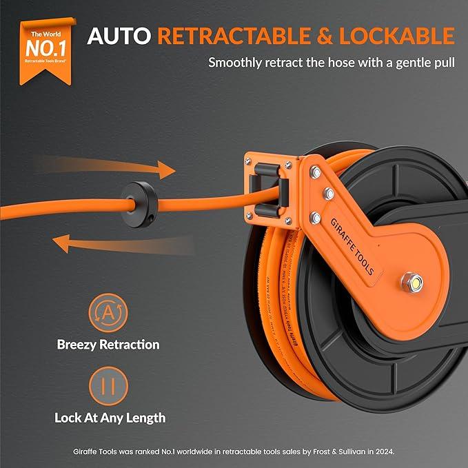 Giraffe Tools TA15B Retractable Air Hose Reel Wall Mount 3/8" x 50 ft Hybrid Hose, Air Compressor Heavy Duty Steel Reel Auto Rewind 300PSI, 50ft, Tangelo - NeatNest