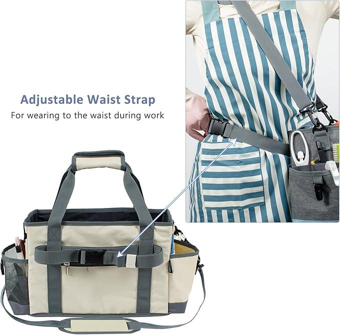 Large Cleaning Caddy for Suppliers Organizer,15'' Professional Organizer with Handle,Wearable Cleaing Bag,Cleaning Storage Caddy,Cleaning Housekeeping,Ivory-Grey - NeatNest