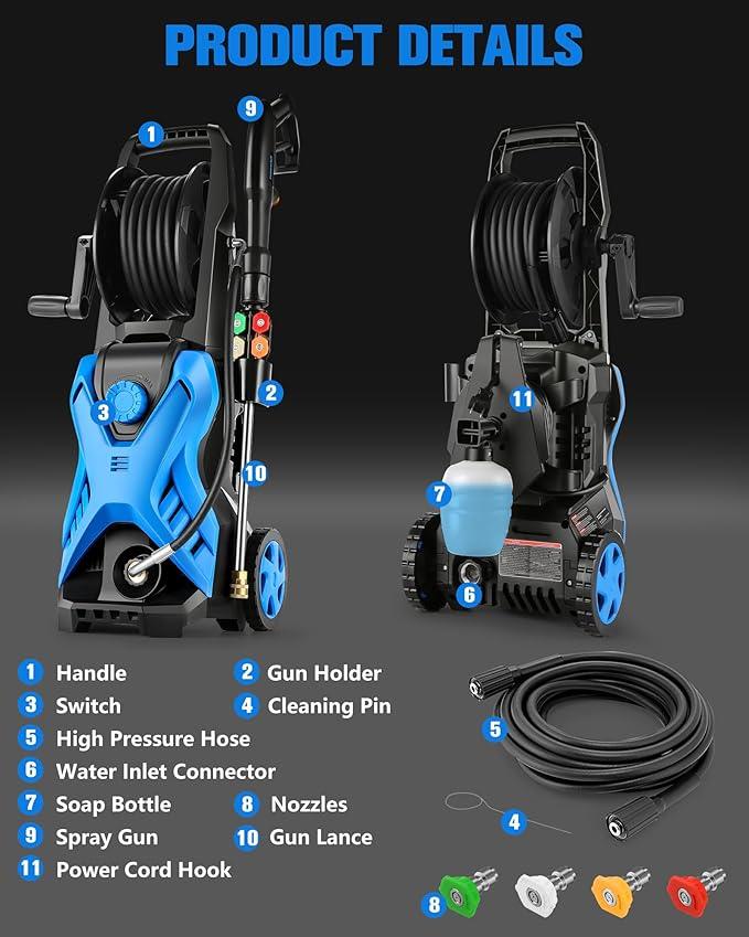 Electric Pressure Washer, 2.8 GPM High Power Washer Adjustable Pressure 2500PSI-5000PSI with 33FT Extension Hose Reel, 4 Nozzles and Soap Bottle for Cars/Fences/Driveways - NeatNest