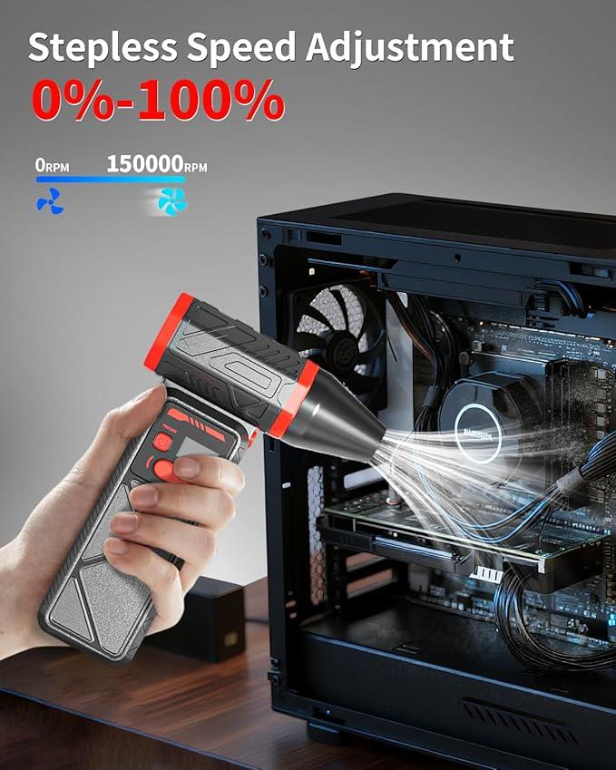 Compressed Air Duster, 150000RPM Electric Air Duster with 8000mAh Rechargeable Battery, Stepless Speed, 90° Adjustable Nozzle & LED Light. Cordless Air Blower for Keyboard, Computer, Car, Home,Outdoor - NeatNest