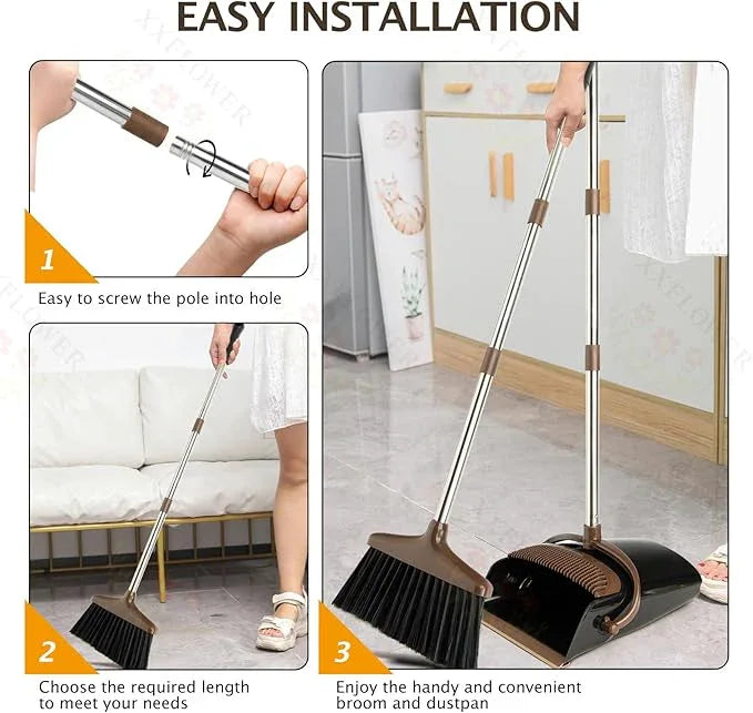 Broom and Dustpan Set with Long Handle, Light Weight Stainless Steel Poles Stand Upright Dustpans with Broom Combo for Home Kitchen Office Pet Dog Hair, 1-Pack (Black Brown) - NeatNest