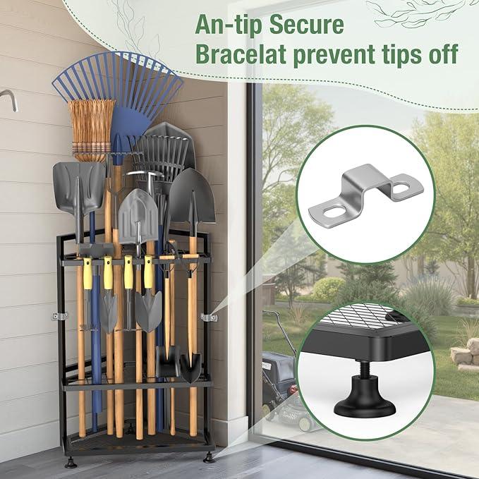 Garden Tool Organizer for Corner,Metal Yard Tool Organizer for Long-Handled Tools/Rakes/Brooms,Side Garden Pocket,Heavy Duty Steel Yard Tool Storage Rack for Garage,Shed, Outdoor - NeatNest