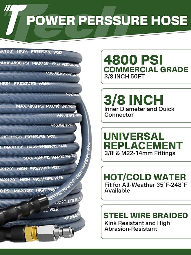 3/8" 4800PSI Pressure Washer Hose 50FT with Swivel Quick Connect for Cold/Hot Water Max 248°F, Kink Resistant Steel Wire Braided, Wear Resistant Power Washer Hose with M22 14mm Adapter - NeatNest