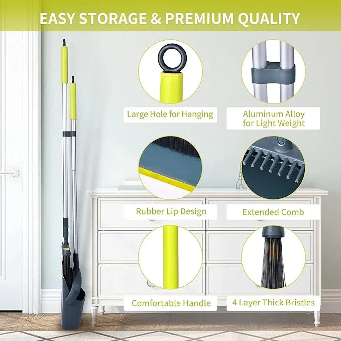 Broom and Dustpan Set for Home with 54" Long Handle, Upright and Lightweight Dust pan and Brush Combo for Kitchen Room Office Lobby Floor Cleaning, Dark Green - NeatNest