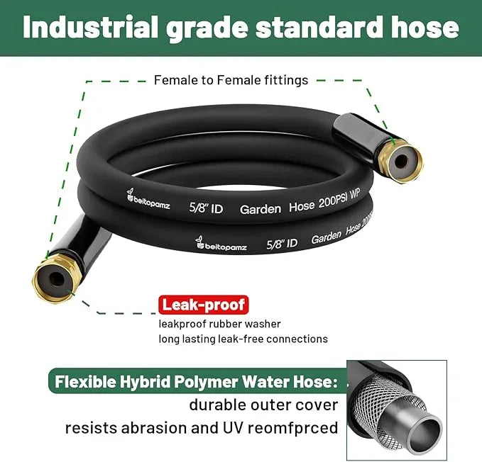 Short Garden Hose 5 ft x 5/8" Female to Female, Heavy Duty Small Water Hose Extend Connector, Leak-Free Connections Hybrid Rubber Leader Hose with 3/4" Double GHT Fittings, Black - NeatNest