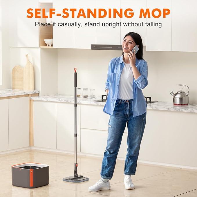 Upgraded Spin Mop and Bucket Set Self-Standing Rod Separate Dirty and Clean Water System Self Wringing 360° Rotating 90° Foldabl for Hard Floor Cabinet Windows Wall Dark Gray, 6Pads - NeatNest