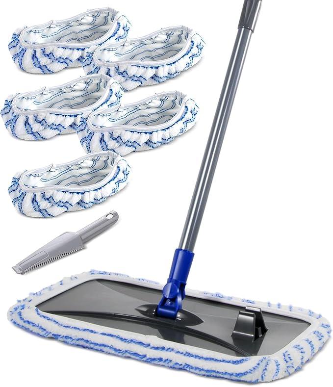 Masthome Extra Large Microfiber Mop for Floor Cleaning, 16“ Flat Mop with 5 Pad for Wet & Dry Use, Dust Mop for Hardwood Laminate Tile Ceramic, 1 Cleaning Scraper Included-Blue - NeatNest